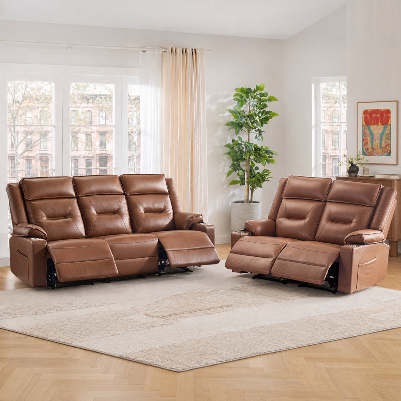 Ensemble de canapé modulaire manuel inclinable avec porte-gobelets en acier inoxydable, fauteuil coulissant en cuir végétalien à 3 places Gravity, brun