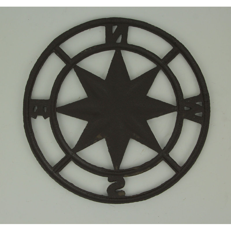 Nautical distressed brown cast iron compass rose wall art for indoor or outdoor walls — 11.5 in. diameter, 0.25 in. wide