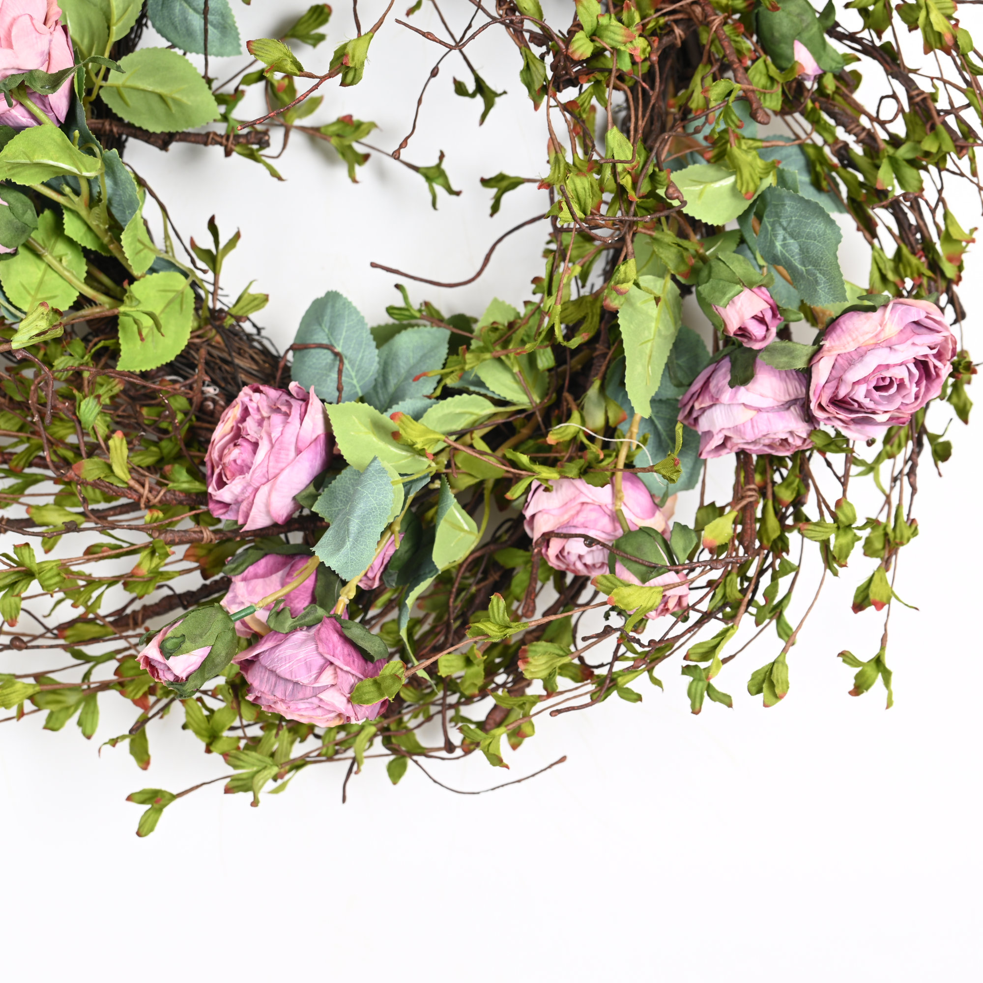 24" Artificial Farmhouse Spring Summer Rose Floral Wreath For Front Door Greenery Twig Home Wedding Party Wall Decor, Pink