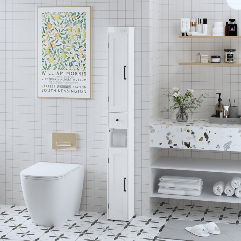 Armoire de rangement pour salle de bain de 67,51 po de hauteur avec tablettes réglables, armoire autoportante mince à 2 portes avec anti-basculement, compartiments ouverts, pour la maison, petits espaces, salle de bain, cuisine, salon, blanc