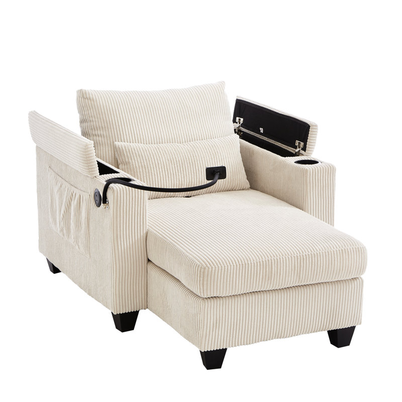 Chaise en velours côtelé beige avec porte-gobelets, compartiments de rangement et organisateurs latéraux multifonctionnels pour petits espaces