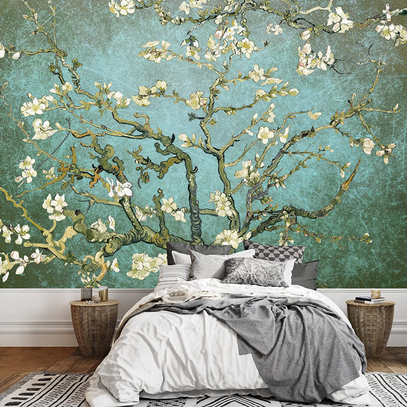 Almond Blossom Vincent Van Gogh, Floral Mural, Vintage Boho Removable Contact Paper, Aqua / bleu sarcelle, 144" W x 100" L