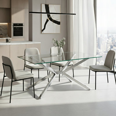 Modern Tempered Glass Coffee Table with Metal Base, Rectangular Living Room Dining Table