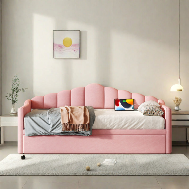 Upholstered Daybed With Trundle And Usb, Pink