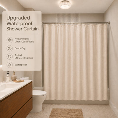 Waterproof Linen Shower Curtain – No More Soaked, Clingy Fabric, Thick Water-Shedding 72 x 78 Inch Bath Curtain for Tub & Shower