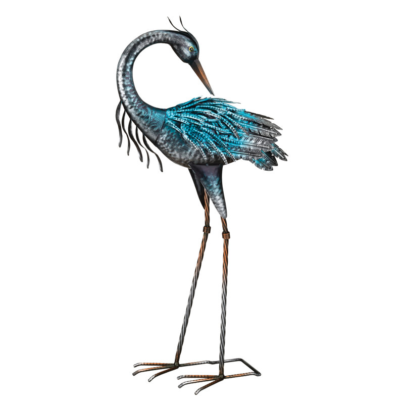 Handcrafted Iridescent Blue and Gray Metal Heron Decor