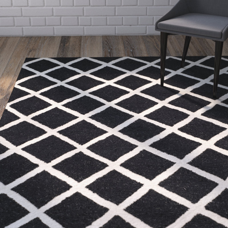 Tapis noir / blanc en laine touffeté à la main Sanyla, Rectangle 5 pi x 8 pi