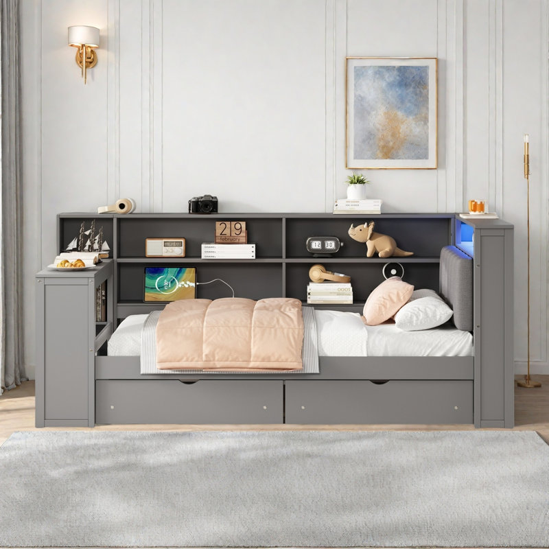 Wood Daybed With Storage Shelves, 2 Drawers, Charging Station, Led, Desk And Upholstered Headboard, Twin, Gray