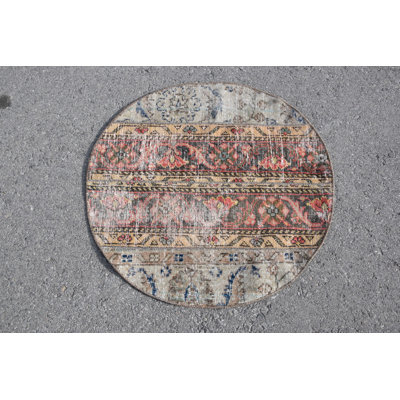 Vintage Oushak Circle Rug: Handcrafted Turkish Antique Wool Mat with Organic Oriental Design