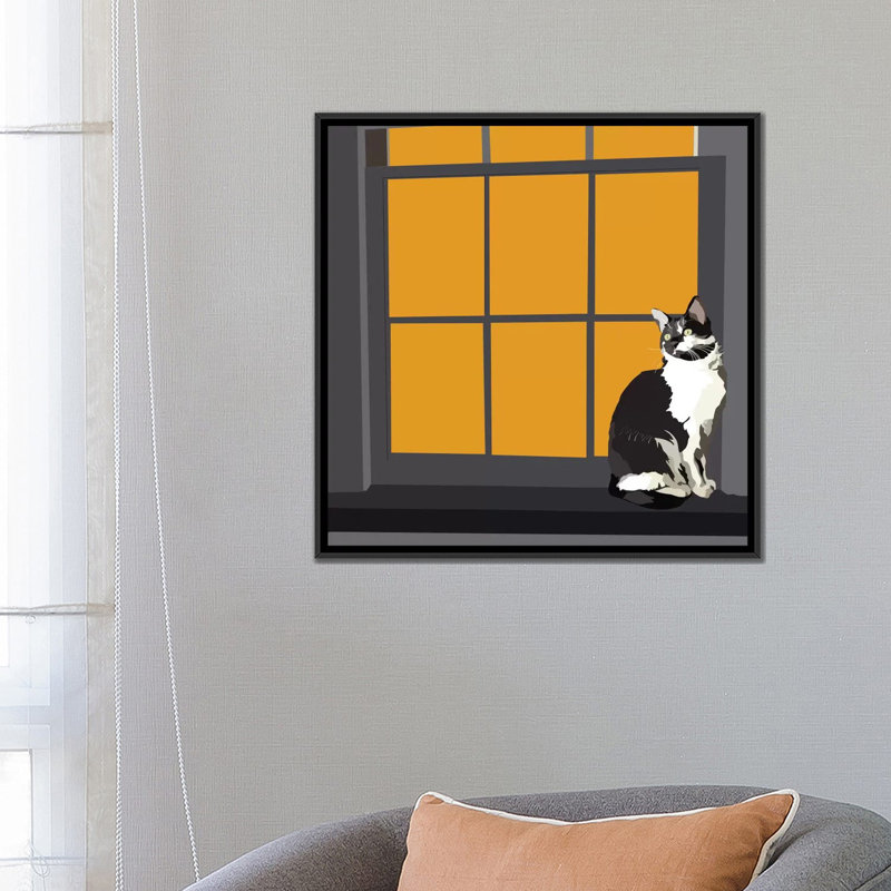 «Cat on a Window Sill I», reproduction sur toile, H 18 po x l 18 po x P 1,5 po, Toile encadrée noire, Pas de tapis