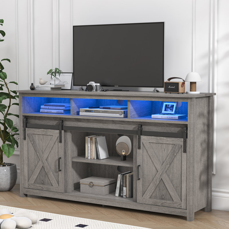 57” Wooden Farmhouse TV Stand for 60/65 inch TV,Double Layer Storage Entertainment Center TV Console Table,w Double-Row Sockets and 2 Sliding Barn Door,Media Cable Box