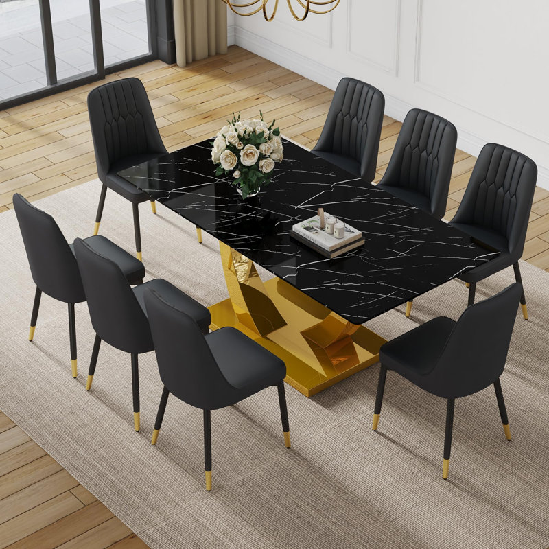 Ensemble de table de salle à manger 71 ", plateau en verre trempé avec pieds en métal, 9 pièces : table, 8 chaises, Noir