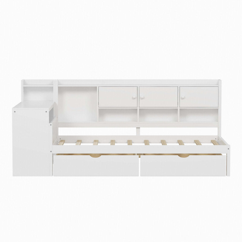 Wooden L-Shape Daybed with Seven Storage Cabinets and Two Storage Drawers, Multi-functional Bed with Study Desk and Built-in Bookshelf