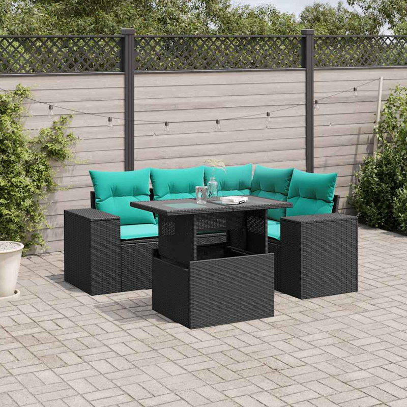 Ensemble de canapé de patio 5 pièces avec coussins, Bleu clair, Noir