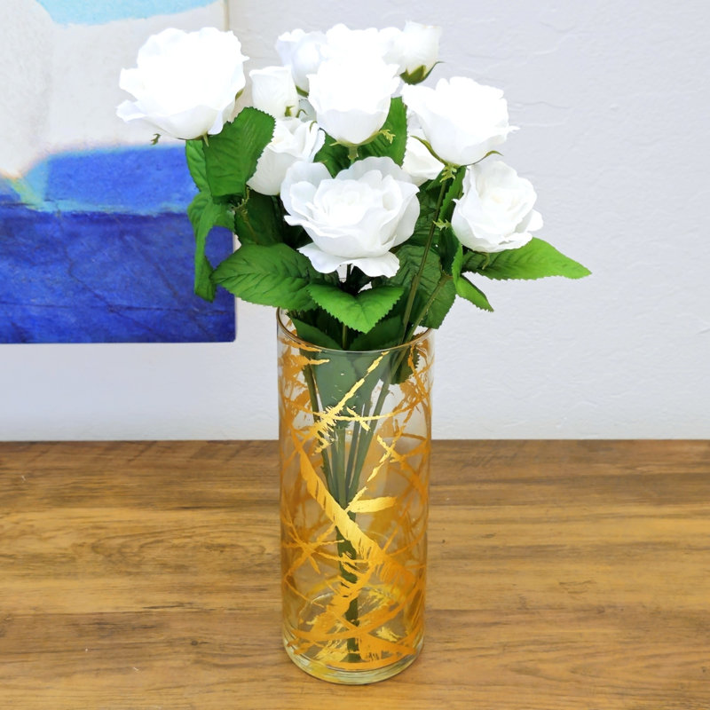 FLORA Solid Gilded Glass Cylinder Vase, Overall Height - 11.75'', Clear/Gold