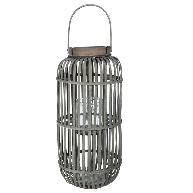 Lanterne en bois rond, Gris, H 22 po x l 10,25 po x P 10,25 po