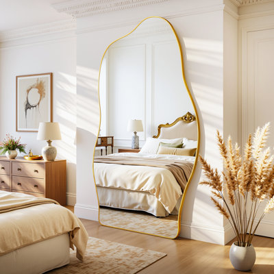 Full Length Mirror, Wavy Shaped Floor Mirror With Stand, Decorative Irregular Leaning Or Hanging Mirror For Bedroom, Living Room Entryway Decor