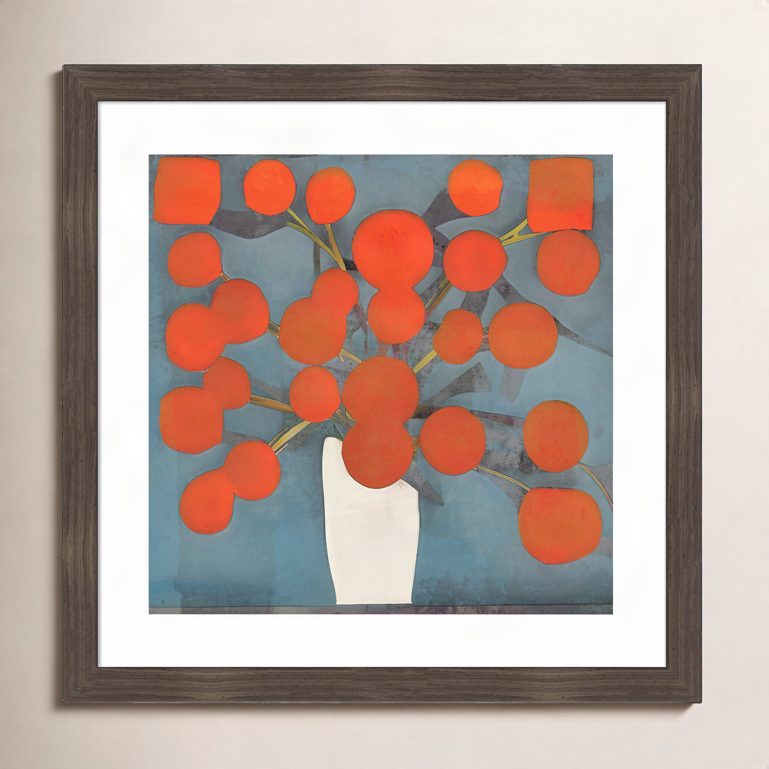 Abstract Orange Flowers Print by Elena Ray, 22" H x 22" W, Dark Brown