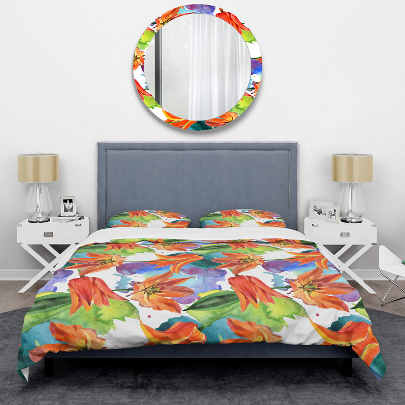 Ensemble de housse de couette en microfibre orange / mauve / vert, Housse de couette pour très grand lit et 2 très