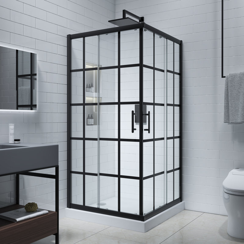 Cyrus 36" W x 36" D x 72" H Framed Double Sliding Square Shower Enclosure in Black Grid with Tempered Glass and Protective Coat