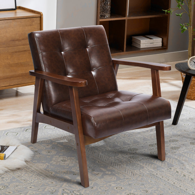 Fauteuil Mid-Century moderne en cuir artificiel touffeté de 21,65 po de large Havva, Brun