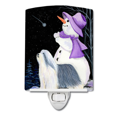 Snowman with Bearded Collie Ceramic Night Light