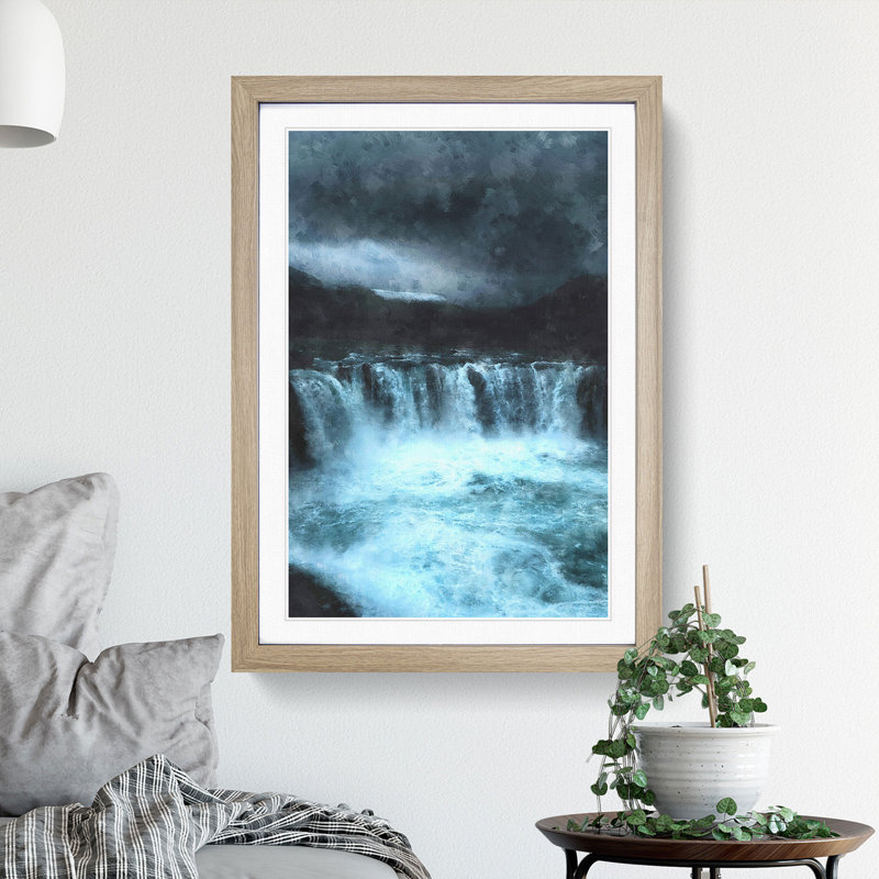 Moody Waterfall in Iceland - Picture Frame Graphic Art, 65cm H x 48cm W x 2cm D, Oak