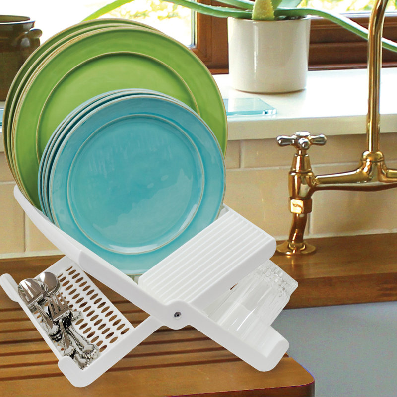 Adjustable Plastic Two Tier Dish Rack, White