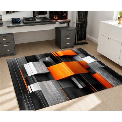 Tapis géométrique abstrait moderne, orange, noir et blanc, antidérapant et moelleux, décoration intérieure artistique pour salon, chambre, dortoir, salle de jeux, couloir.