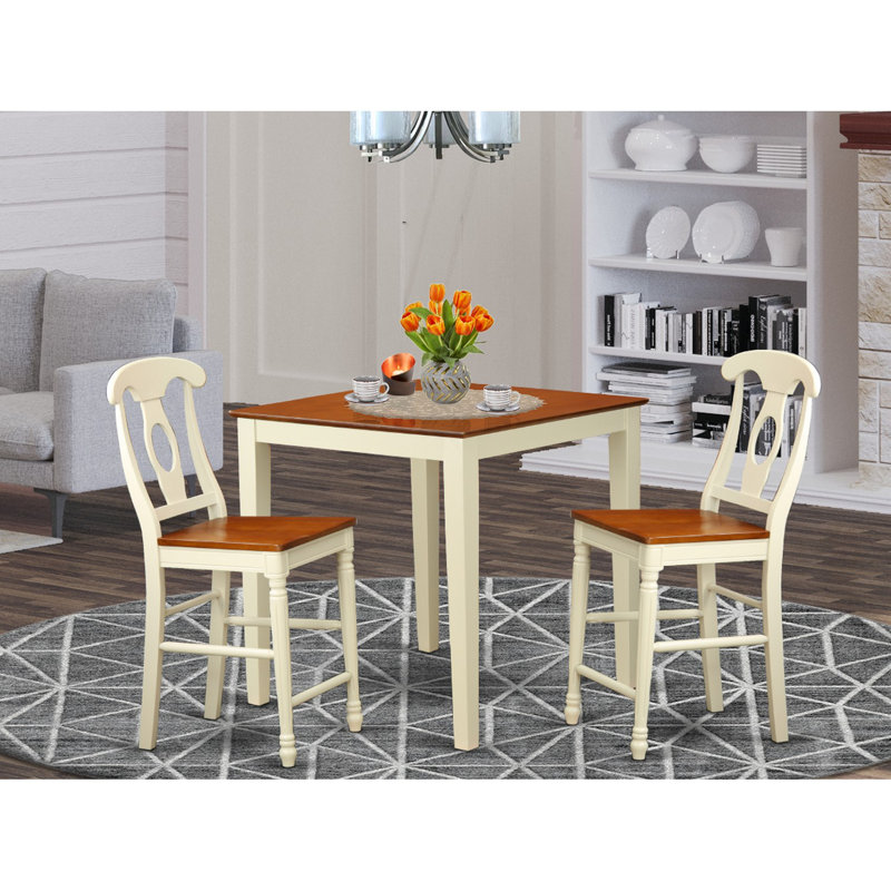 3 Piece Kitchen Counter Set for Small Spaces Contains a Square Dining Room Table and 2 Dining Chairs, Buttermilk & Cherry