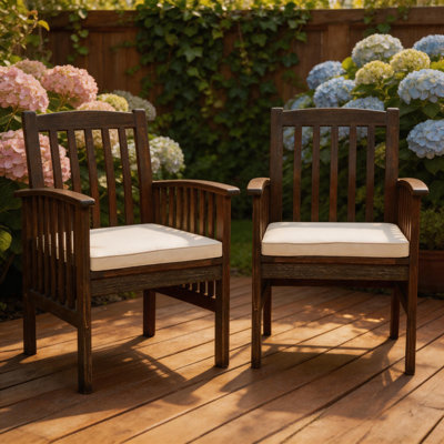 Set of 2 Solid Acacia Wood Outdoor Dining Chairs, Slatted Back Patio Seating for Backyard Garden
