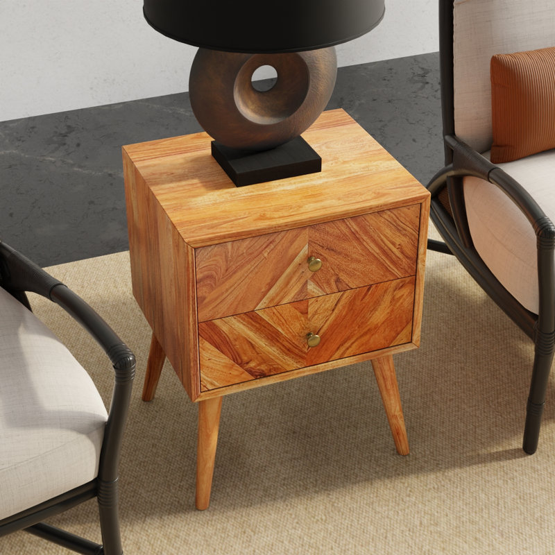Emet Mid-Century Modern Semi-Assembled Solid Wood Nightstand with 2 Drawers, Light Brown