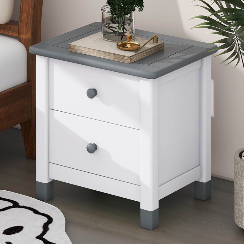 Table de chevet 2 tiroirs, Blanc / Gris