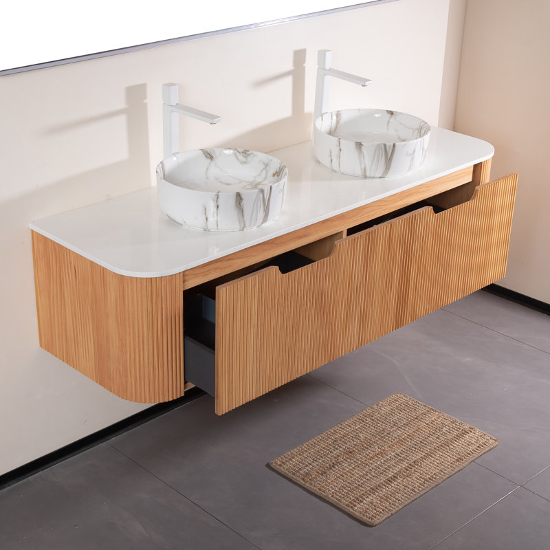 Ensemble de meuble-lavabo double 60 po avec panneaux 3D mat, lavabos en céramique et tiroirs à fermeture en douceur - pré-assemblé 60 po