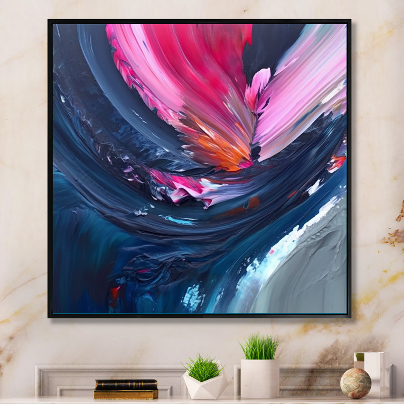 Dennice, art texturé abstrait bleu et rose, H 36 po x l 36 po x P 1,5 po, Cadre flottant noir