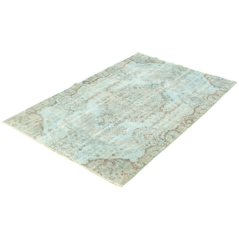 Tapis décoratif en laine bleu clair 5 pi 3 po x 8 pi 6 po one-of-a-kind Derriah noué à la main 1980s