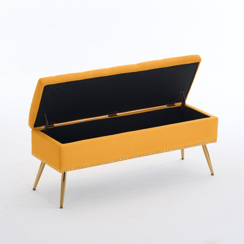Banc repose-pieds en velours avec rangement, Jaune, H 18 po x l 46 po x P 15,5 po