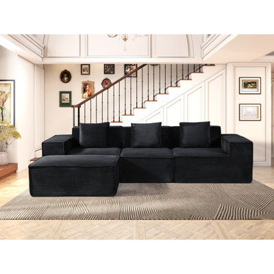 Canapé modulaire à 4 places en velours côtelé noir avec hauteur de 31,8 po, configuration multiple, assise profonde, bon pour une heure du thé, largeur de 64,7 po, conversation de groupe