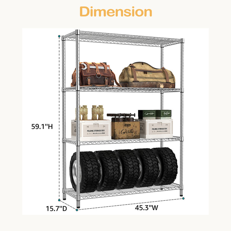 Étagère de rangement à 5 tablettes de 1400 lb, étagère grillagée en métal robuste, étagère de garage réglable pour garde-manger (chrome, 4 niveaux, P 15,8 po x l 45,3 po x H 59,4 po)