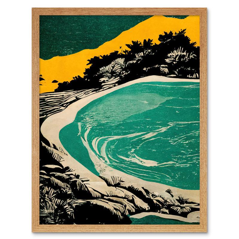 Beach Lagoon Abstract Marbled Seascape - Print, 43cm H x 33cm W x 2cm D, Light Brown Framed Paper