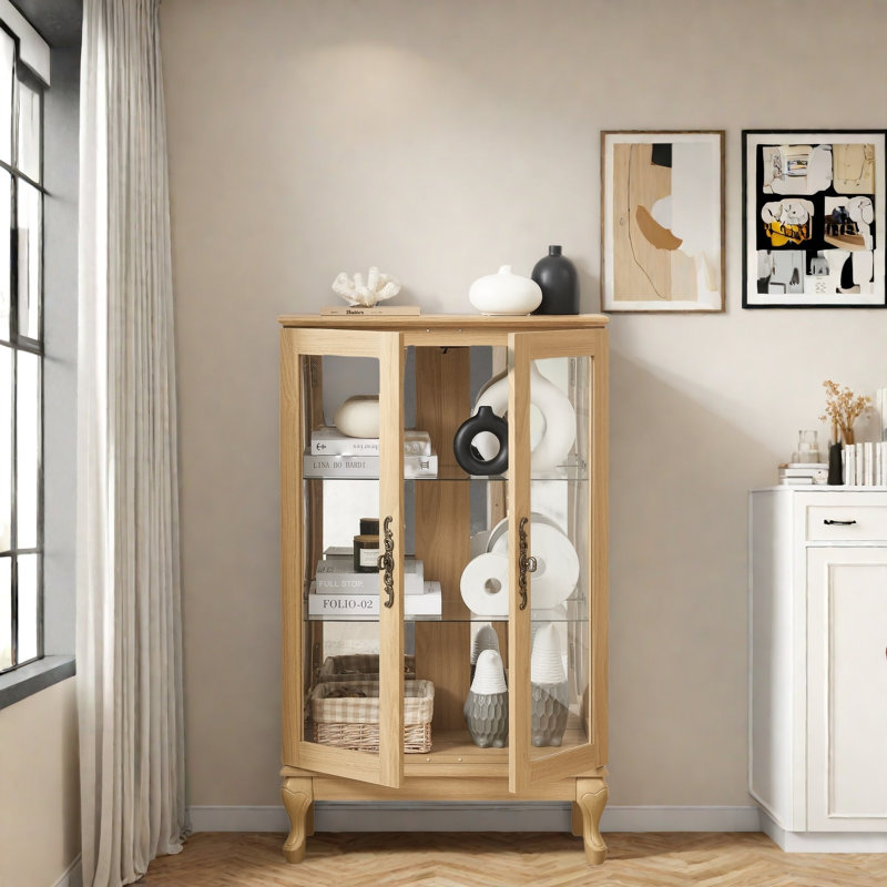 Vitrine avec 2 portes en verre trempé, tablettes réglables et éclairage DEL, Chêne clair