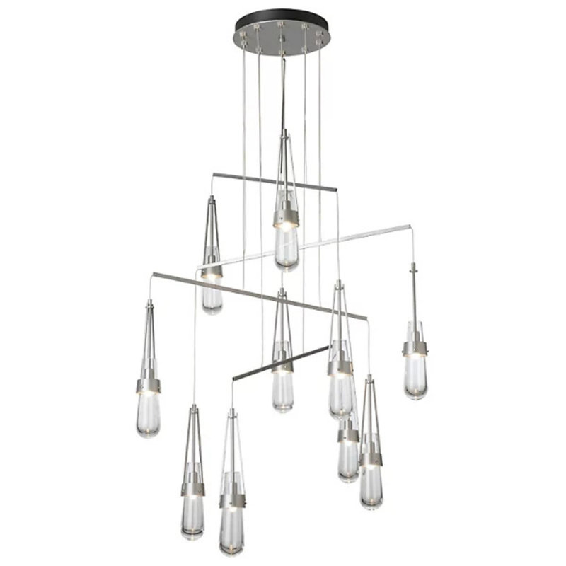 Link 10-Light Mobile Pendant - Soft Gold - Blown Clear Glass with White Threading - Long Overall Height, White, 71"