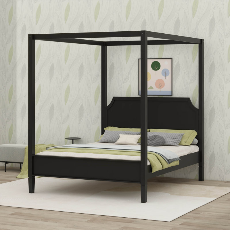Lit à baldaquin avec tête de lit et pieds de support, cadre de lit plateforme en bois avec 4 affiches en bois, Grand lit