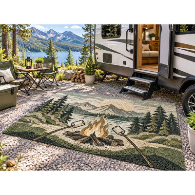 5' x 7' Outdoor Area Rug Marshmallow Campfire Mountain Heavyweight Solid Waterproof PVC Coil Loop Carpet, Patio Rug Quick Dry Large Doormat Porch Balcony Entryway RV Camping