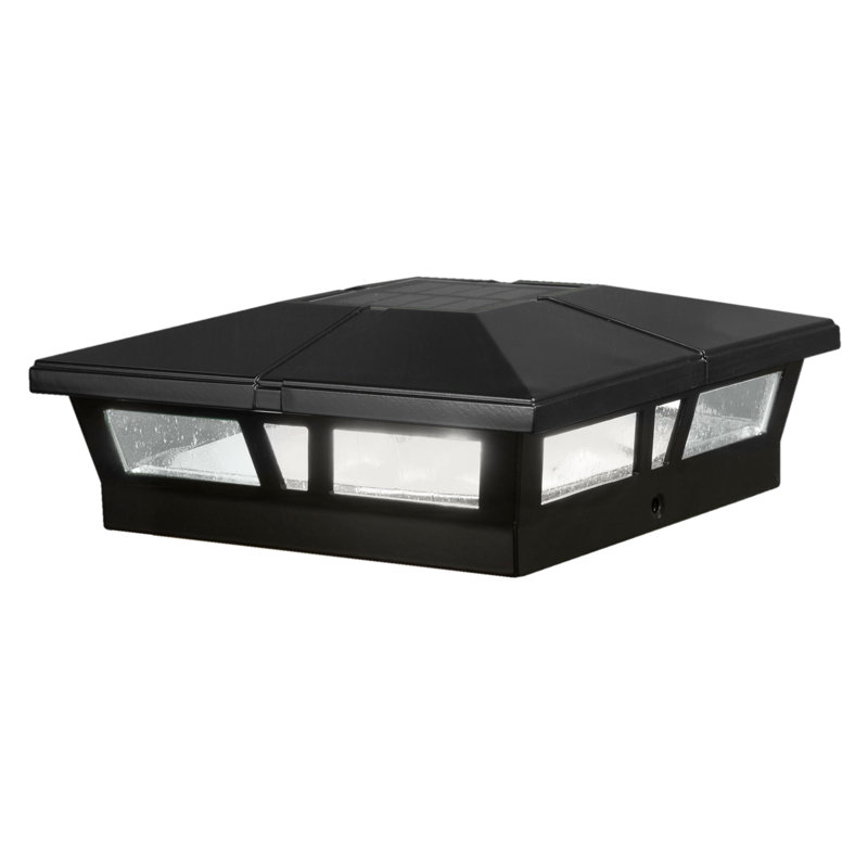 Cambridge Solar Powered Integrated LED Metal Fence Post Cap 6" x 6" with Base Adapter Included, Powder Coated Black