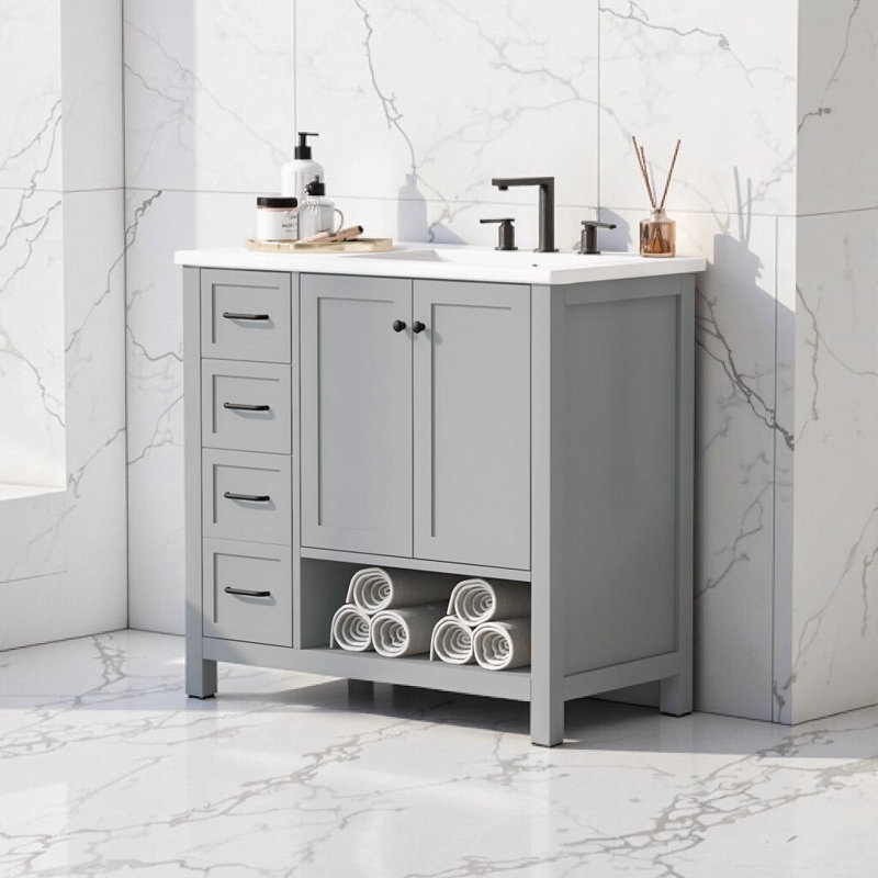 Meuble-lavabo moderne gris 36 po avec lavabo en céramique, armoire en bois massif et panneau de fibres à densité moyenne avec 2 portes, 2 tiroirs et tablette ouverte