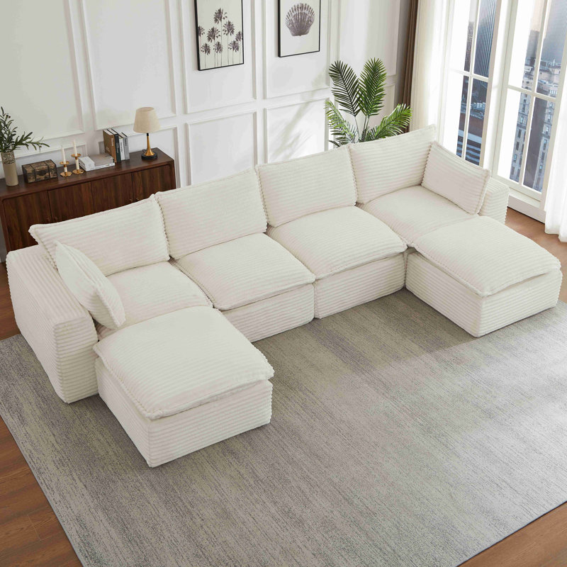 Canapés modulaires en nuage pour le salon, canapé convertible en U avec repose-pieds, Velours côtelé blanc