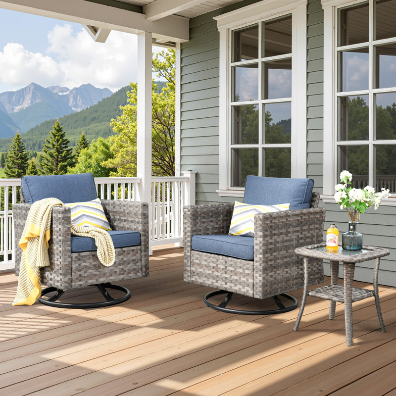 Baili 3 Piece Outdoor Swivel Chair, Rocking Patio Set With Cushions, Denim Blue