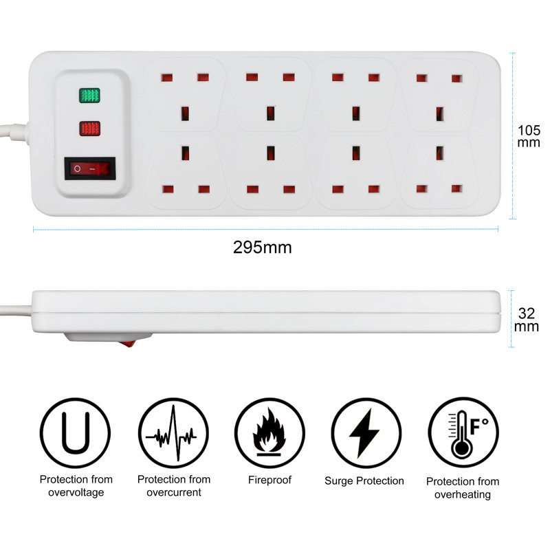 Wall Mounted 8 Way Extension Leads with Surge Protection 13A UK Plug,2M Cable