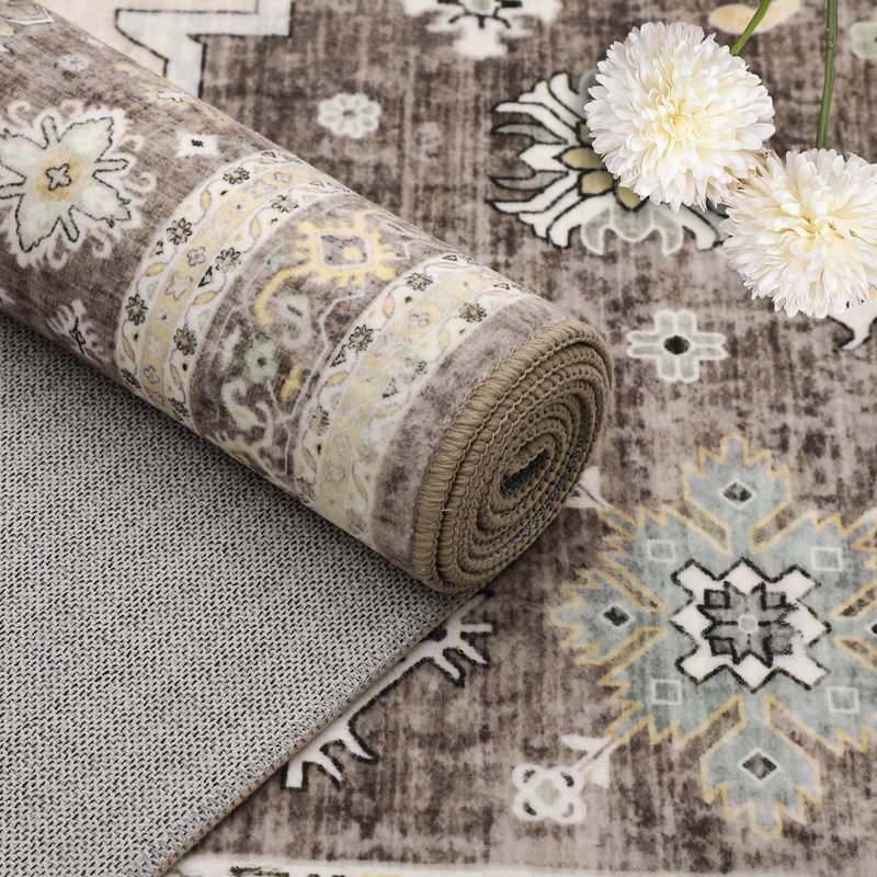10 x 13 ft Polyester  Brown Rectangular Area Rug Flower Printed Persian Foldable Washable for Hallway Bathroom Entryway Kitchen Office